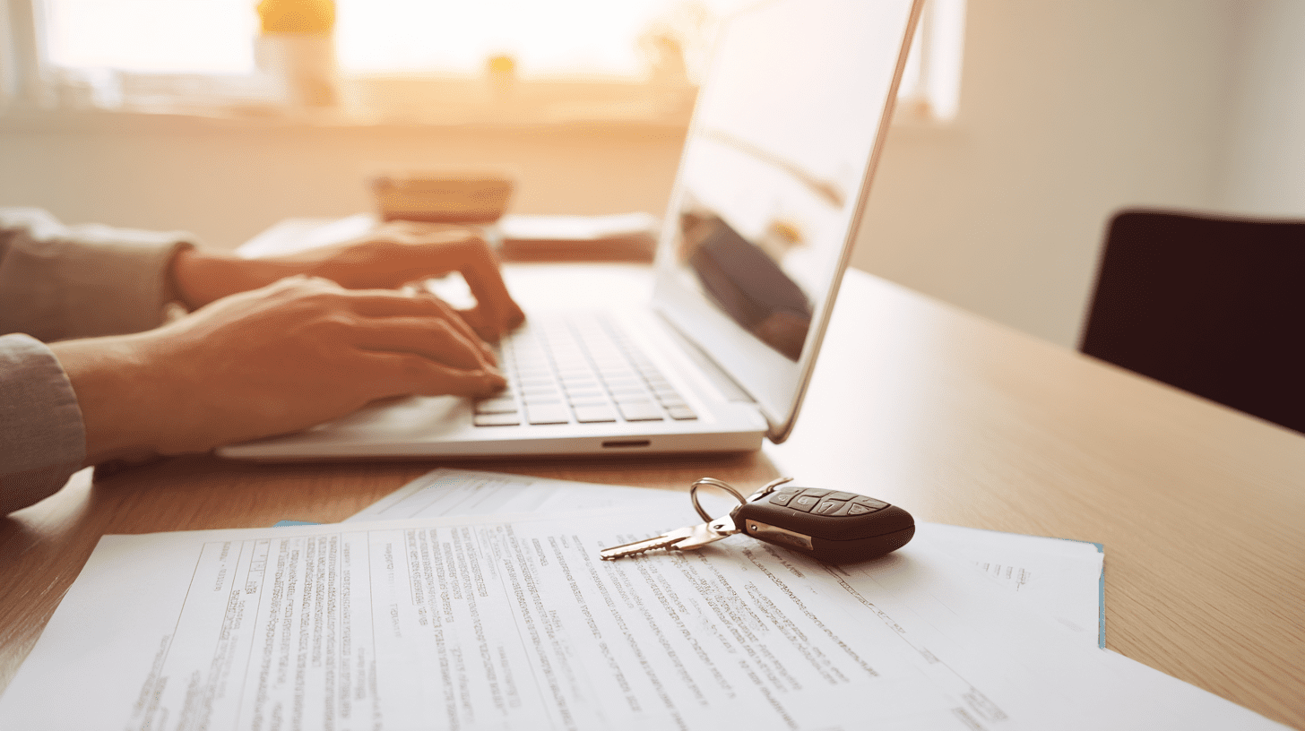 Osoba wypełniająca wzór deklaracji PCC-3 online na laptopie w domowym biurze, obok kluczyki do samochodu i dokumenty zakupu.
