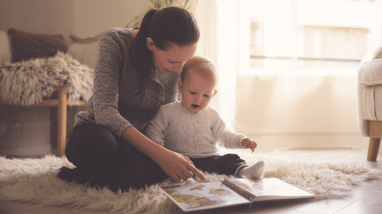 Mama czyta książeczkę swojemu dziecku, wspierając je w nauce pierwszych słów w przytulnym pokoju.
