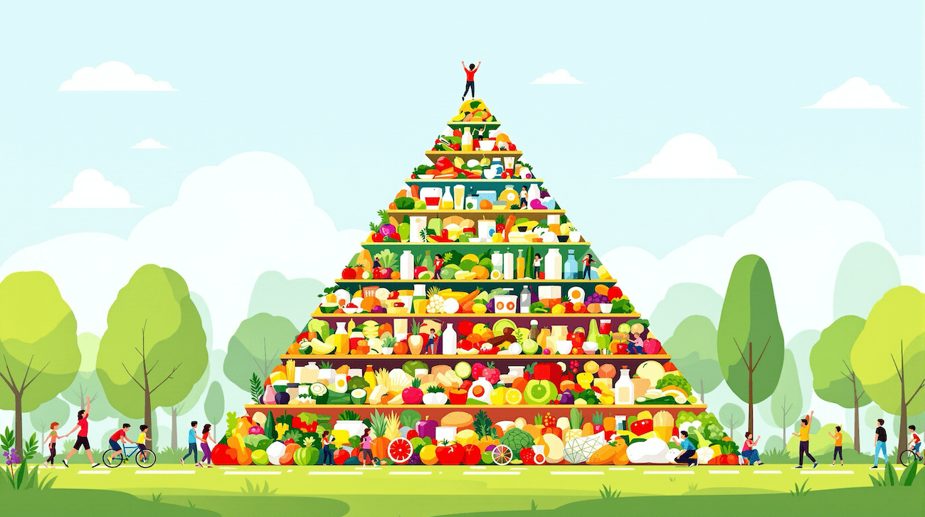 Ilustracja piramidy zdrowego żywienia z aktywnością fizyczną u podstawy oraz warzywami, owocami, pełnoziarnistymi produktami, nabiałem, zdrowym białkiem i ograniczonymi słodyczami na szczycie.