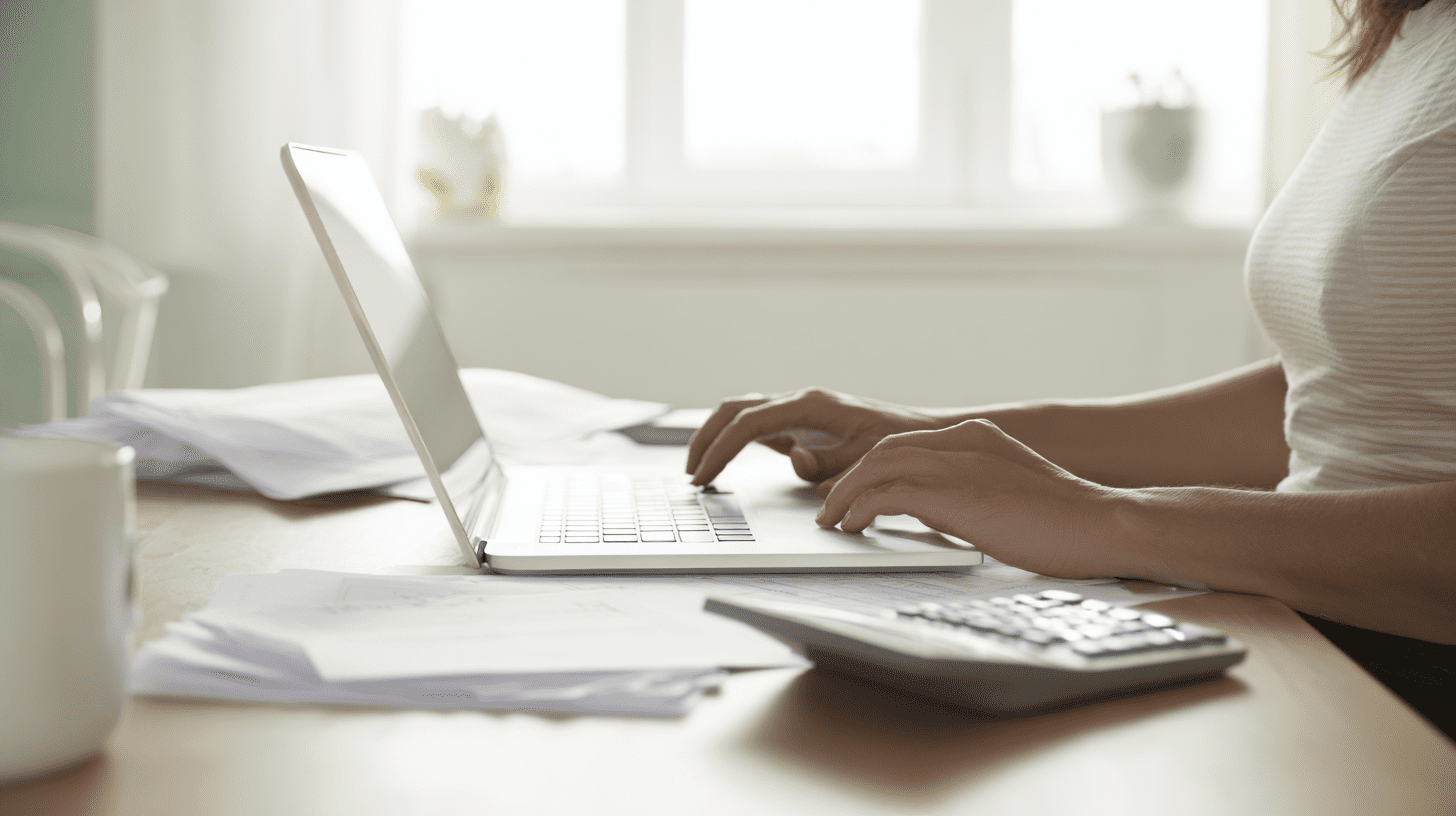 Osoba w domowym biurze wypełniająca formularz PIT-37 na laptopie, korzystająca z kalkulatora i dokumentów do rocznego rozliczenia podatkowego.