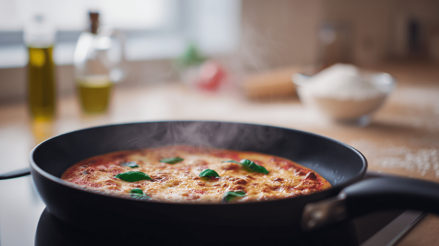 Apetyczna pizza z patelni z roztopionym serem i bazylią smażona na kuchence w domowej kuchni.