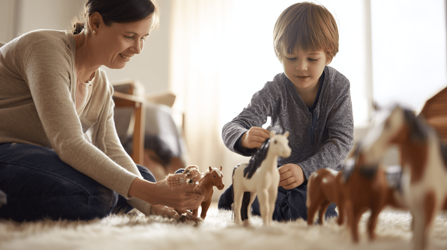 Rodzic i dziecko bawią się na dywanie zestawem typu playmobil konie, symulując opiekę nad zwierzętami w stajni.