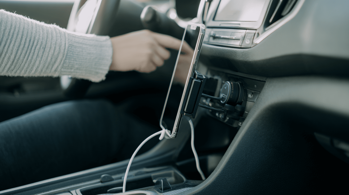 Wnętrze nowoczesnego samochodu, w którym kierowca montuje telefon w uchwycie, co pokazuje jak praktyczne gadżety do auta ułatwiają podróż.