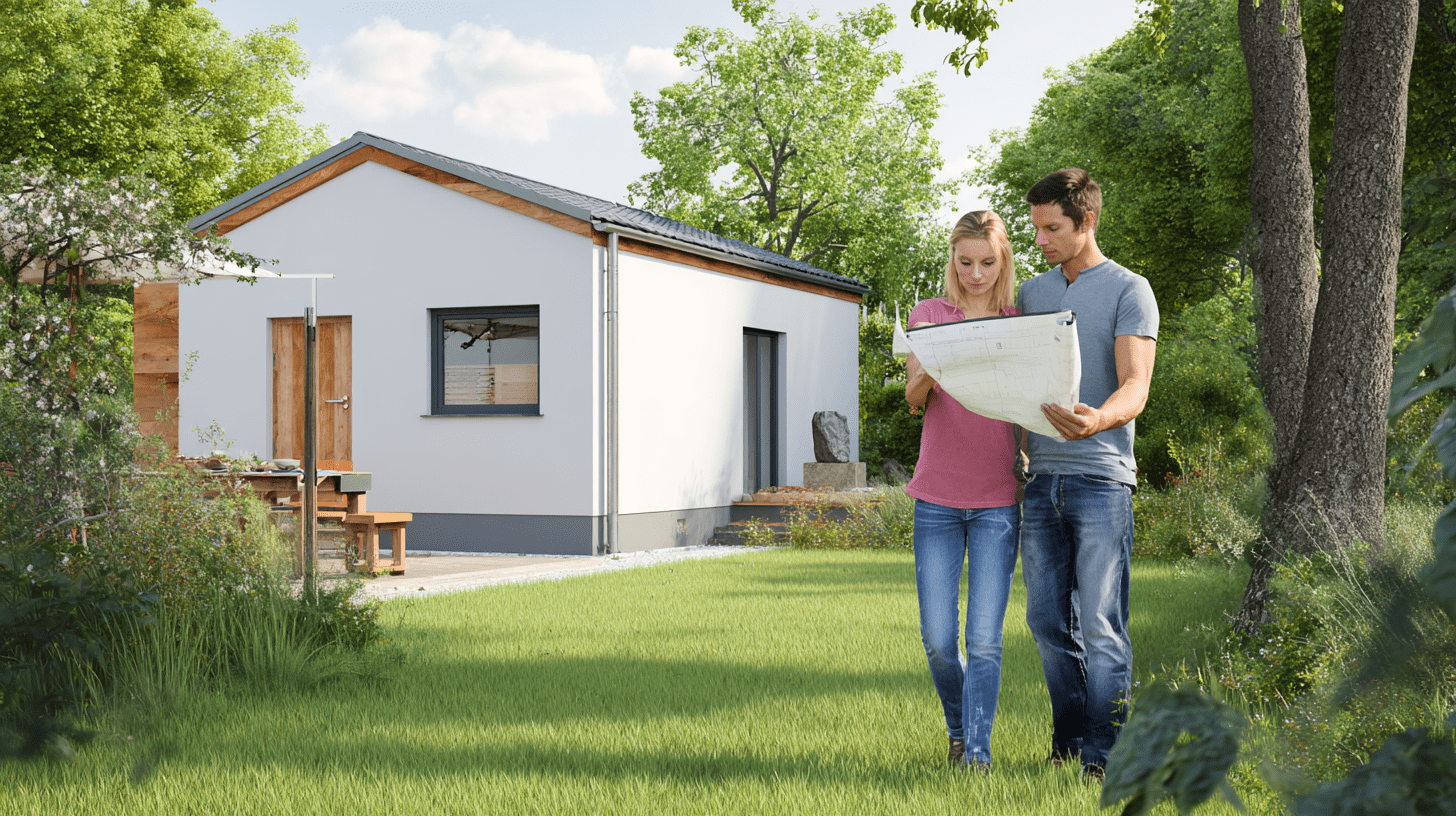 Młoda para inwestorów przegląda projekty domów 70m2 na tle nowoczesnego, małego budynku jednorodzinnego.