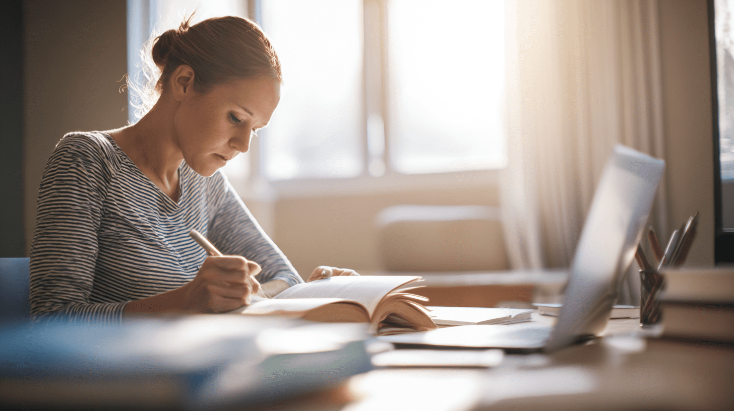 Dorosła studentka psychologii dla magistrów ucząca się przy biurku z notatkami i laptopem.