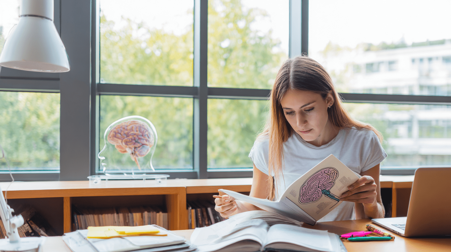 Studentka psychologii ucząca się w bibliotece z podręczników do psychologii klinicznej i neuropsychologii.
