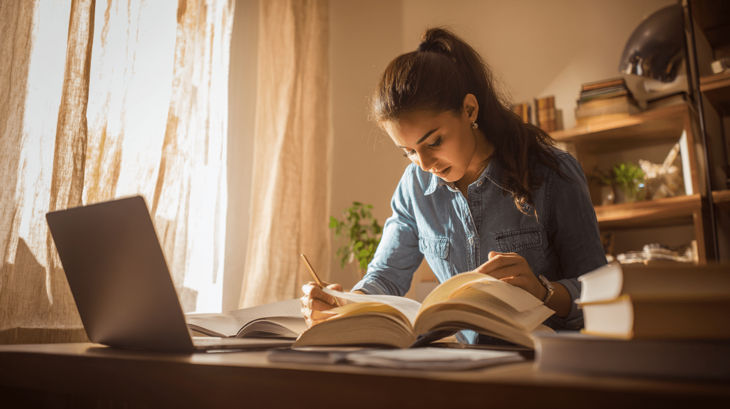 Studentka przeglądająca notatki i podręczniki przy biurku, przygotowująca się do zajęć na kierunku psychologia studia zaoczne.