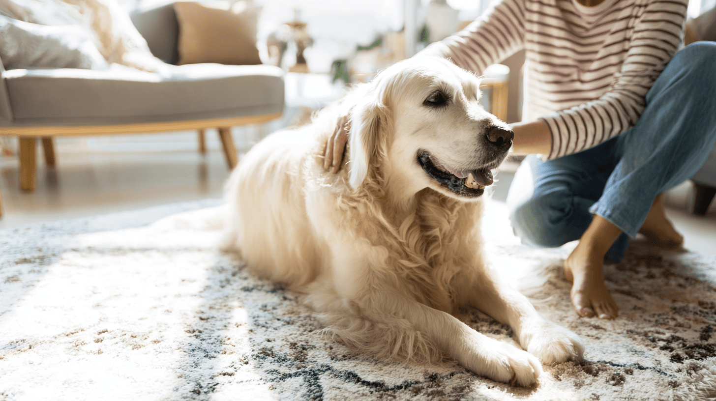 Szczęśliwy pies w typie rasy Golden Retriever odpoczywa w nowym domu, głaskany przez opiekuna, co ilustruje udane adopcje psów rasowych.
