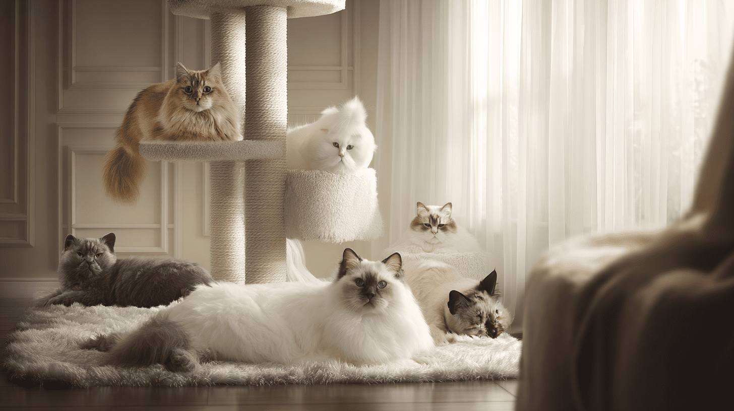 Grafika przedstawiająca różne rasy kotów – Maine Coon, brytyjski, Ragdoll i bengalski – odpoczywające razem w spokojnym, domowym otoczeniu, co symbolizuje przewodnik po rasach.
