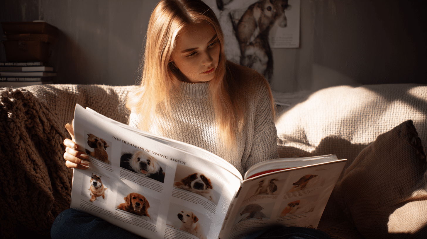 Kobieta przegląda atlas psów, starannie analizując różne rasy psów, aby podjąć świadomą decyzję o wyborze czworonożnego przyjaciela.