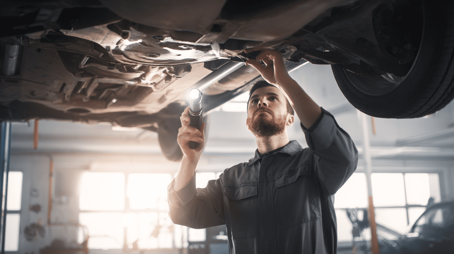 Mechanik w warsztacie diagnozuje usterkę skrzyni biegów w samochodzie na podnośniku, przygotowując wycenę regeneracji.