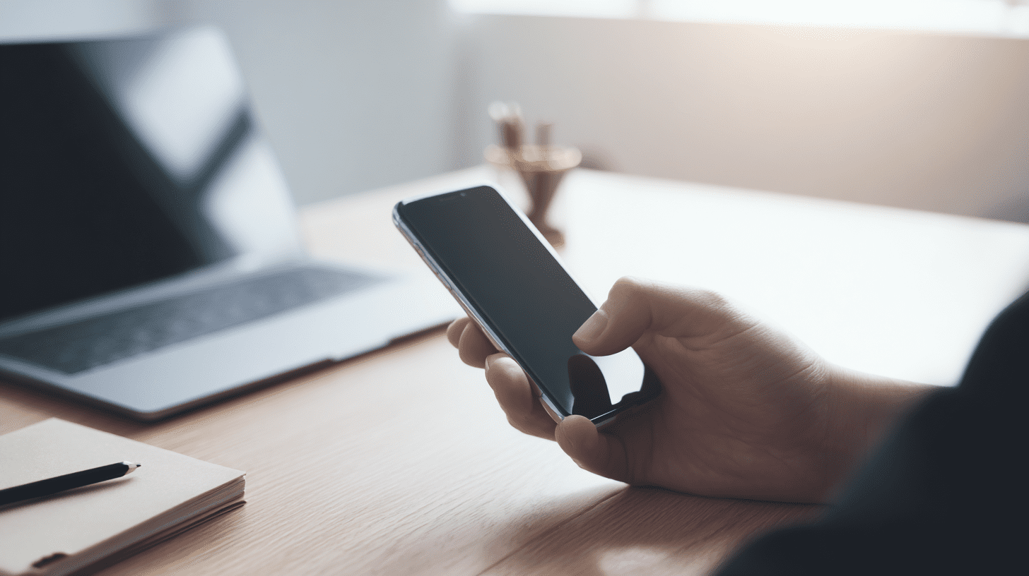 Osoba przygotowująca się do resetu iPhone'a, trzymająca telefon w dłoniach nad biurkiem z laptopem w tle, co symbolizuje tworzenie kopii zapasowej.