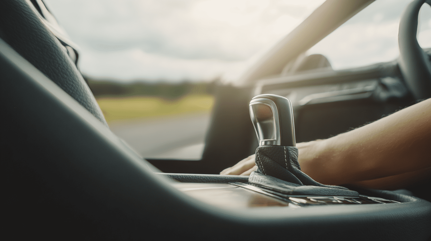 Wnętrze nowoczesnego samochodu z widoczną dźwignią zmiany biegów, obrazujące różne rodzaje skrzyni biegów – od manualnej po automatyczną