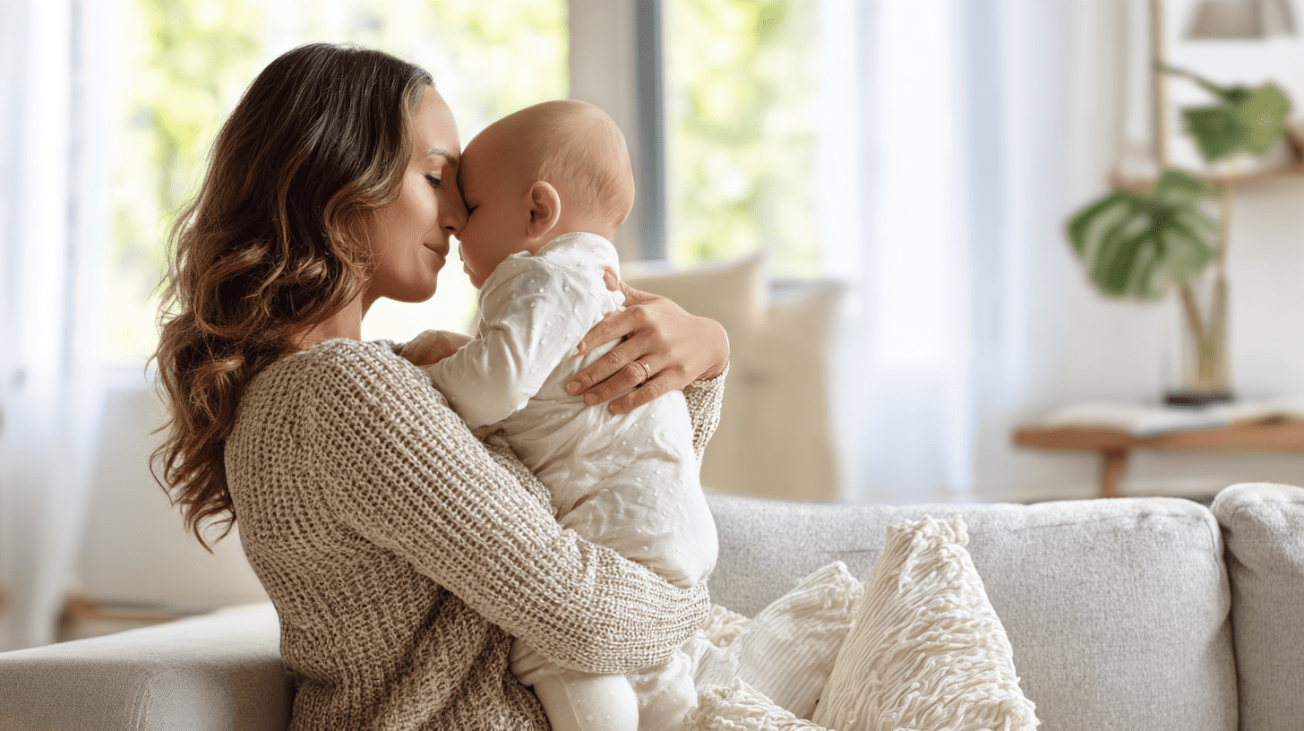 Mama przytulająca niemowlę w domowym zaciszu, ilustrująca zasady rodzicielstwa bliskości i budowanie bezpiecznej więzi.