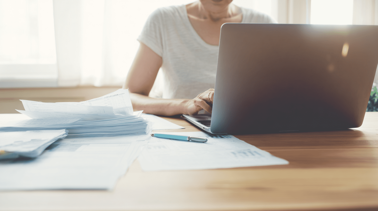 Osoba wypełniająca zeznanie podatkowe na laptopie w ramach rozliczania PIT 2022 przez internet w domowym biurze