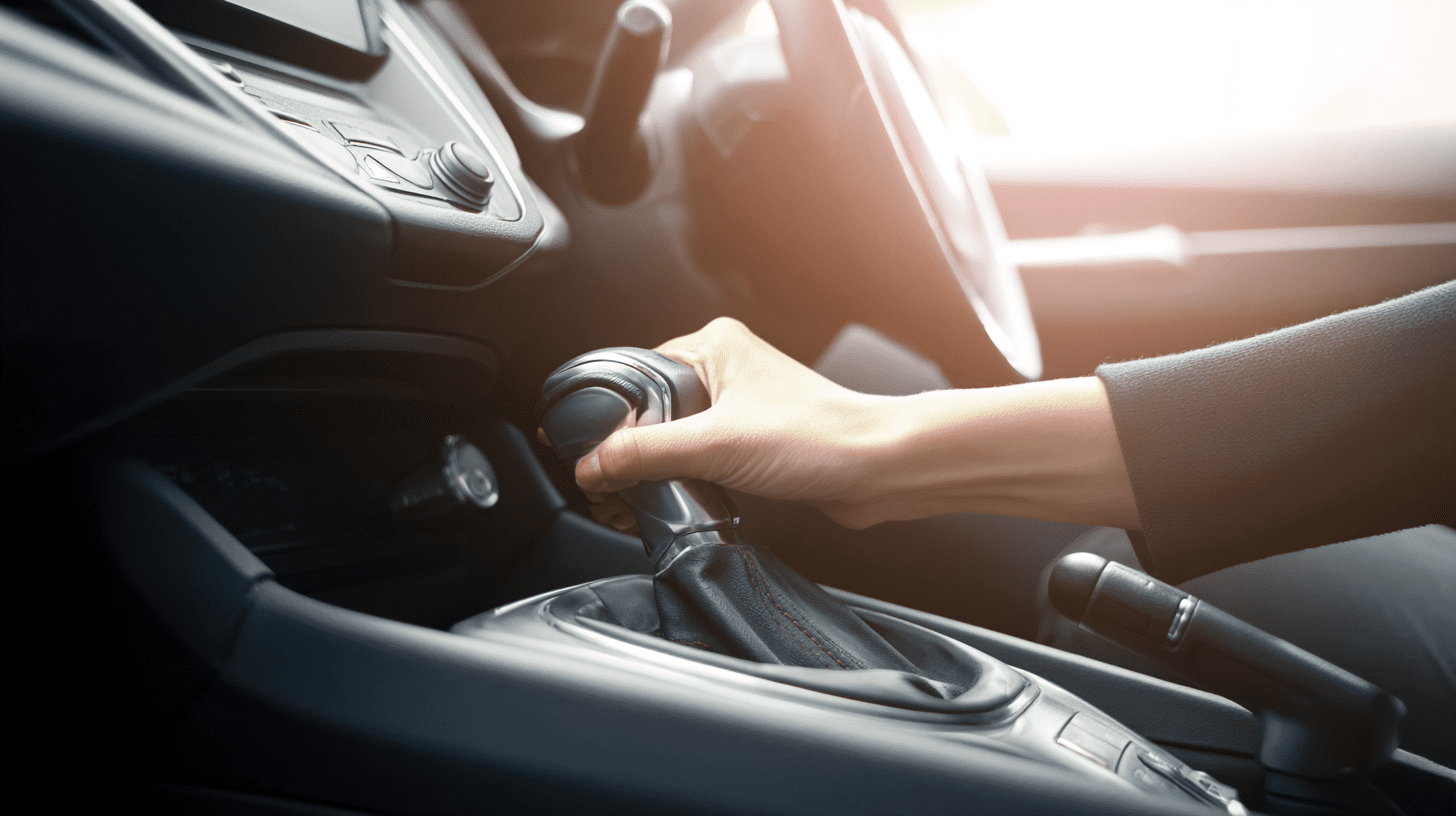 Wnętrze nowoczesnego samochodu z widoczną automatyczną skrzynią biegów i ręką kierowcy na drążku zmiany biegów