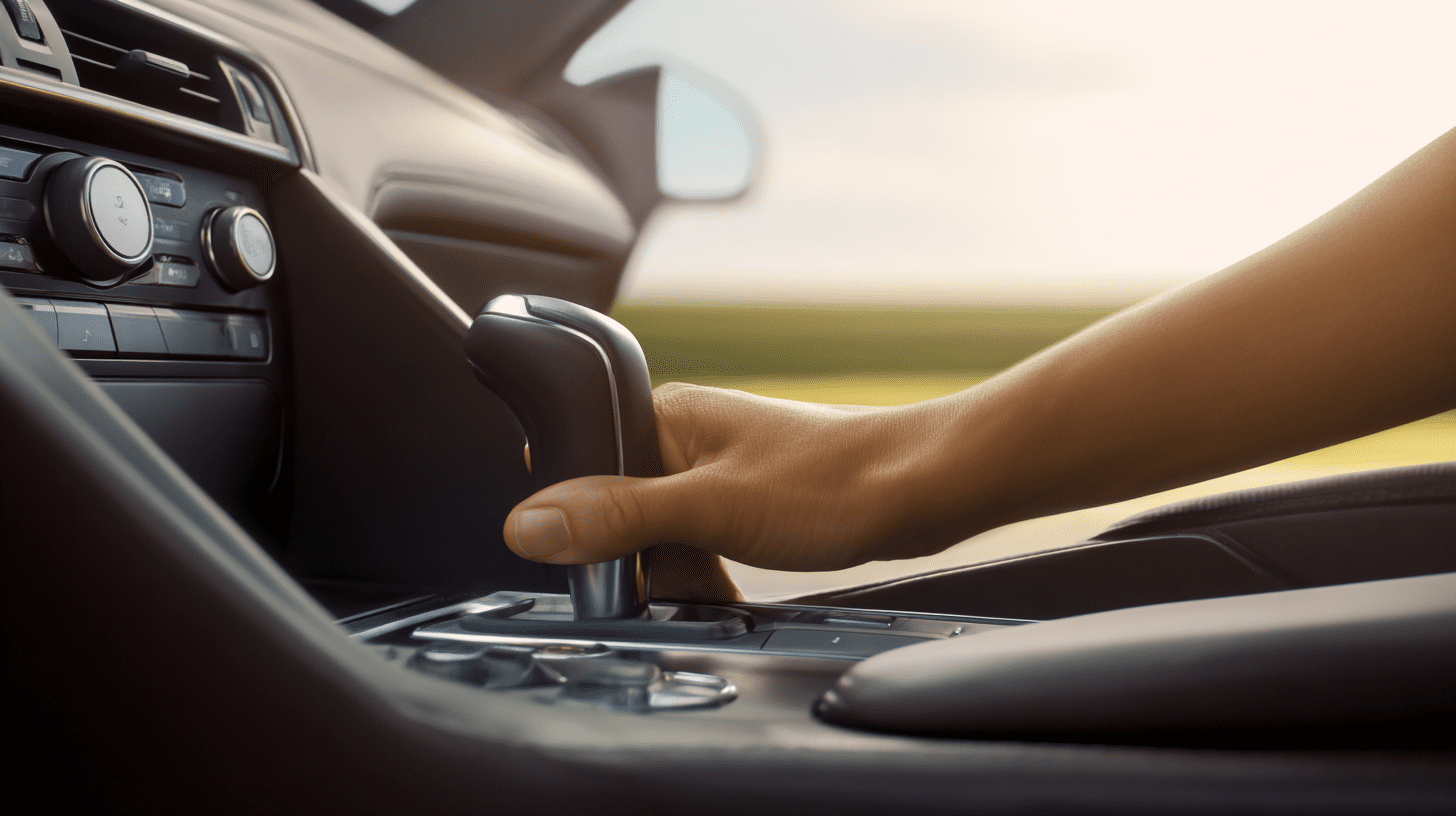 Wnętrze nowoczesnego samochodu z widocznym drążkiem automatycznej skrzyni biegów DSG oraz ręką kierowcy gotową do jazdy