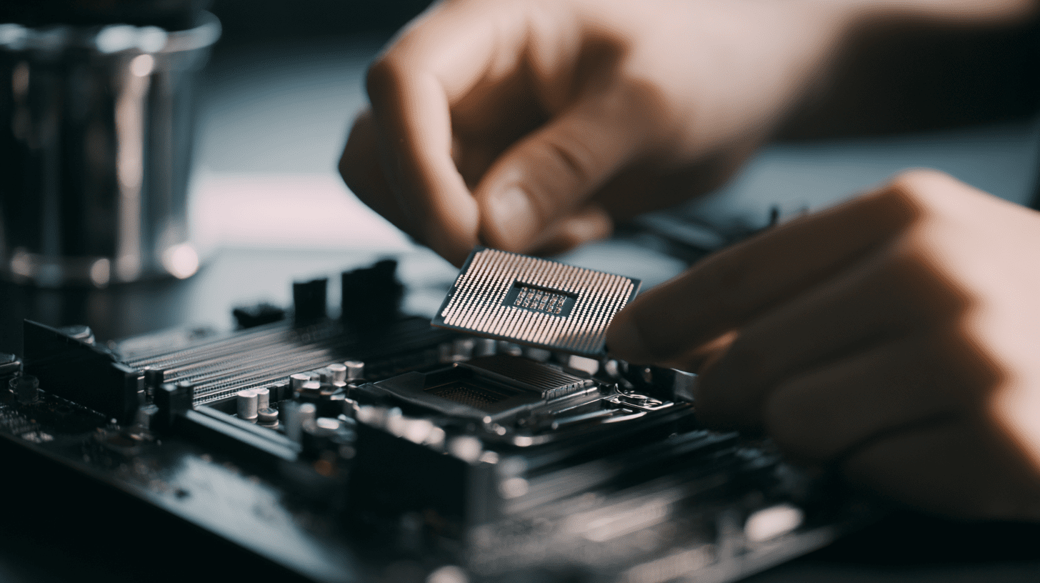 Instalacja procesora w gnieździe socket LGA 1151 na płycie głównej komputera stacjonarnego.