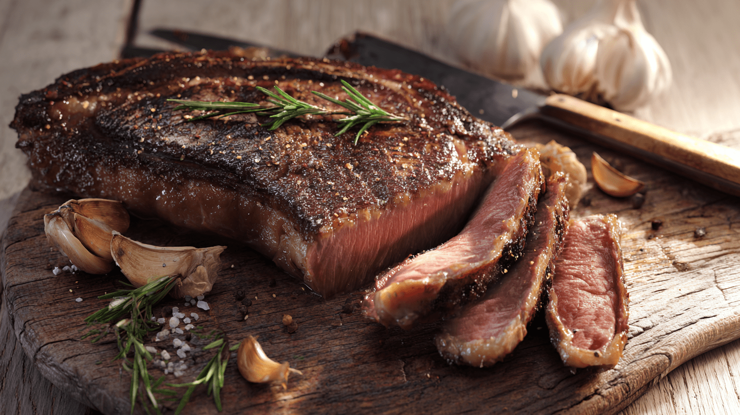Soczysty stek z antrykotu usmażony na medium rare, podany na desce z ziołami.