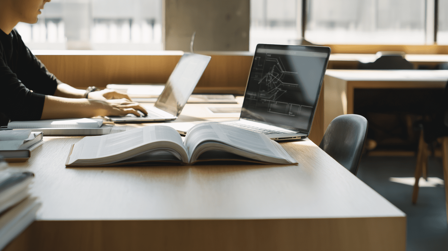 Student na studiach informatycznych uczący się matematyki i programowania w bibliotece