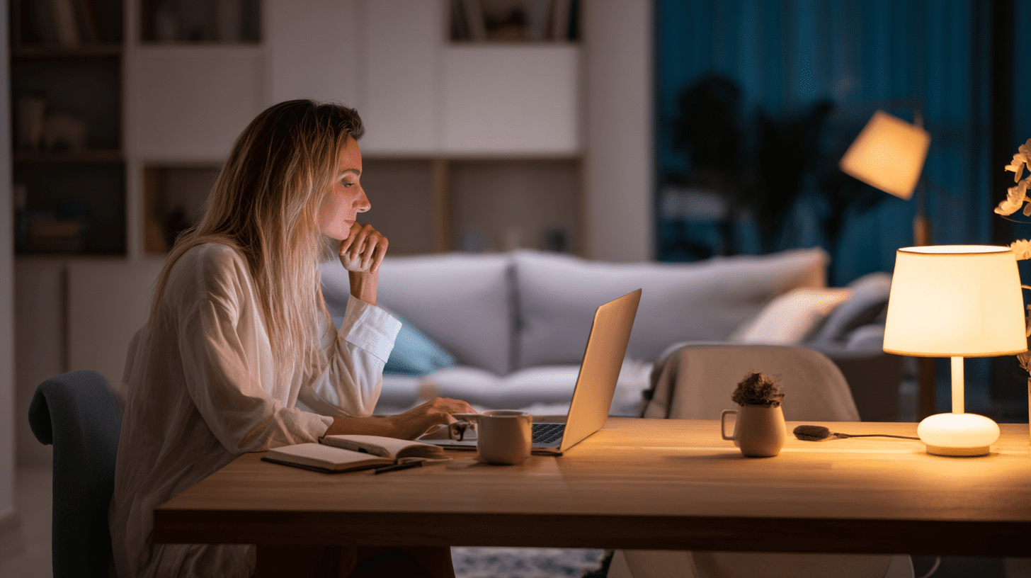 Kobieta w domowym biurze realizuje studia podyplomowe online, ucząc się wieczorem przy laptopie i notatkach.