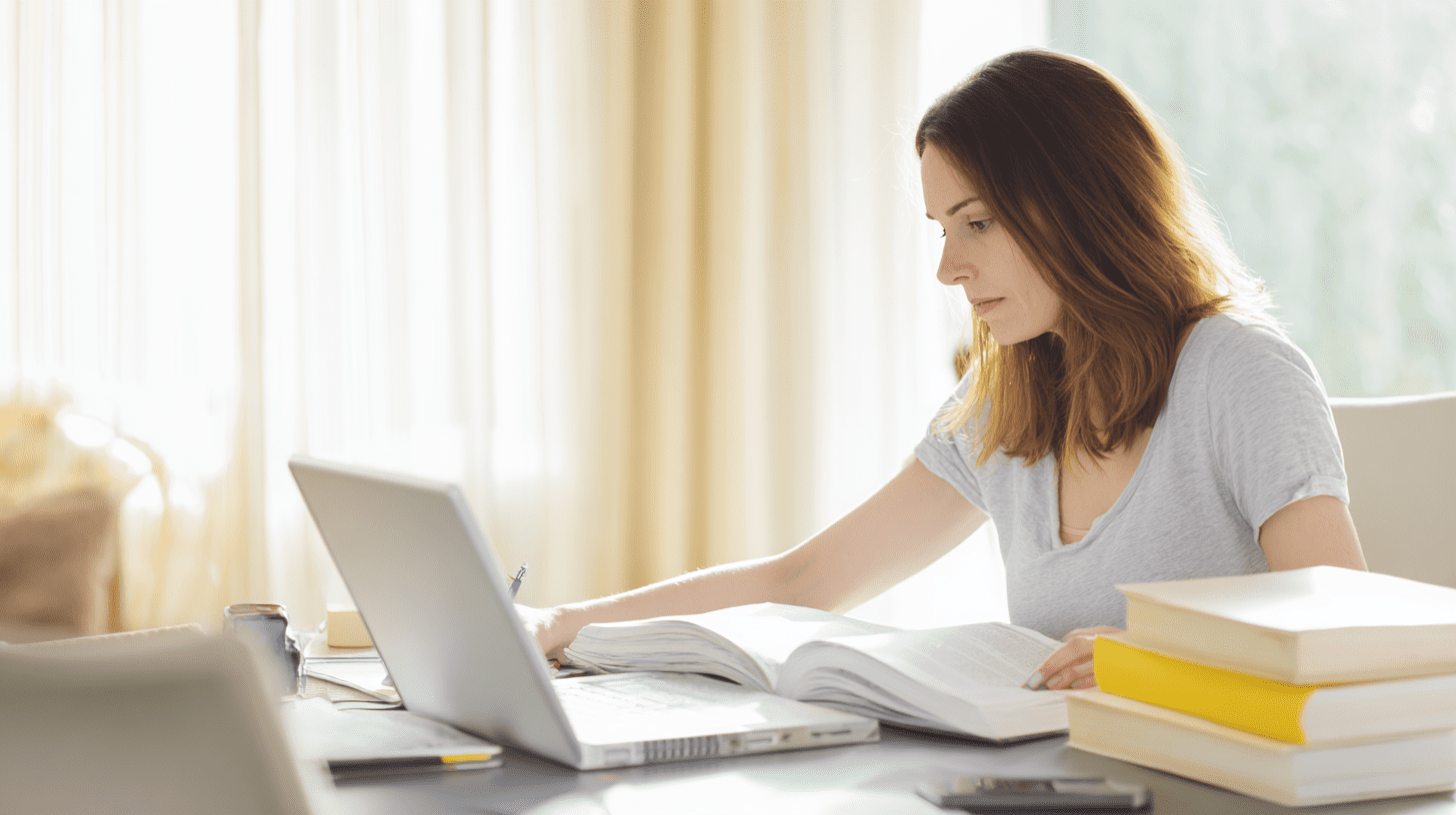 Kobieta ucząca się przy biurku realizująca studia podyplomowe z psychologii w trybie online.
