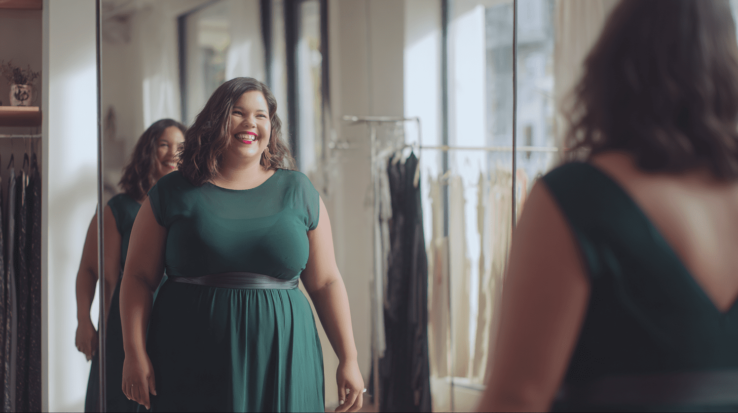 Uśmiechnięta kobieta plus size w eleganckiej, zielonej sukience na wesele, przeglądająca się w lustrze w luksusowym butiku.