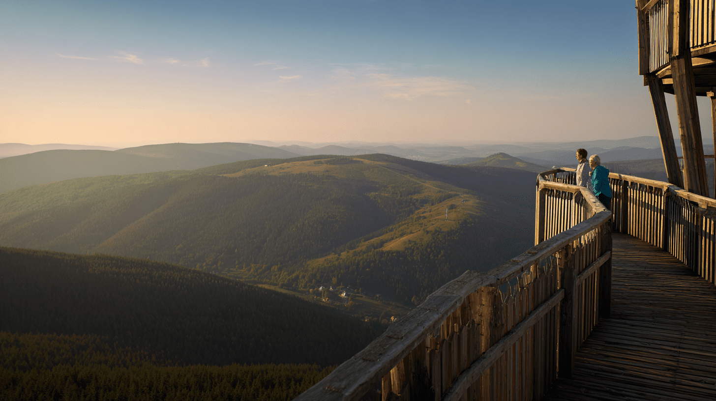 Widok na wieżę Sky Walk w Świeradowie-Zdroju na tle malowniczej panoramy Gór Izerskich o zachodzie słońca.
