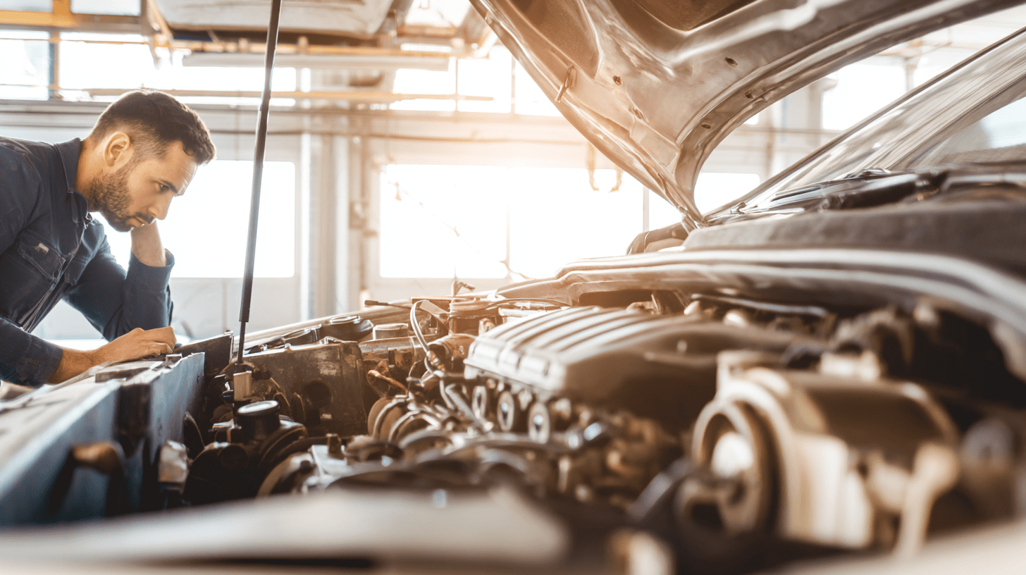 Mechanik w nowoczesnym warsztacie diagnozuje przyczynę, przez którą automatyczna skrzynia biegów szarpie przy ruszaniu.