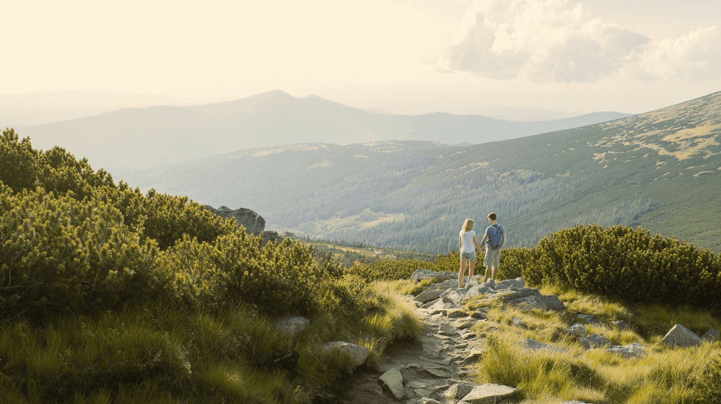 Para turystów na górskim szlaku podziwia panoramiczny widok na Karkonosze, planując atrakcje do zobaczenia w Szklarskiej Porębie.