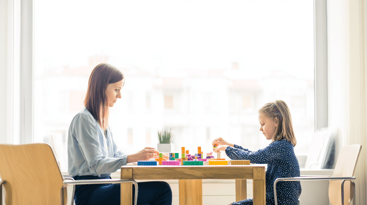 Terapeuta pedagogiczny prowadzi indywidualne zajęcia z uczniem przy biurku, wykorzystując pomoce dydaktyczne wspierające naukę