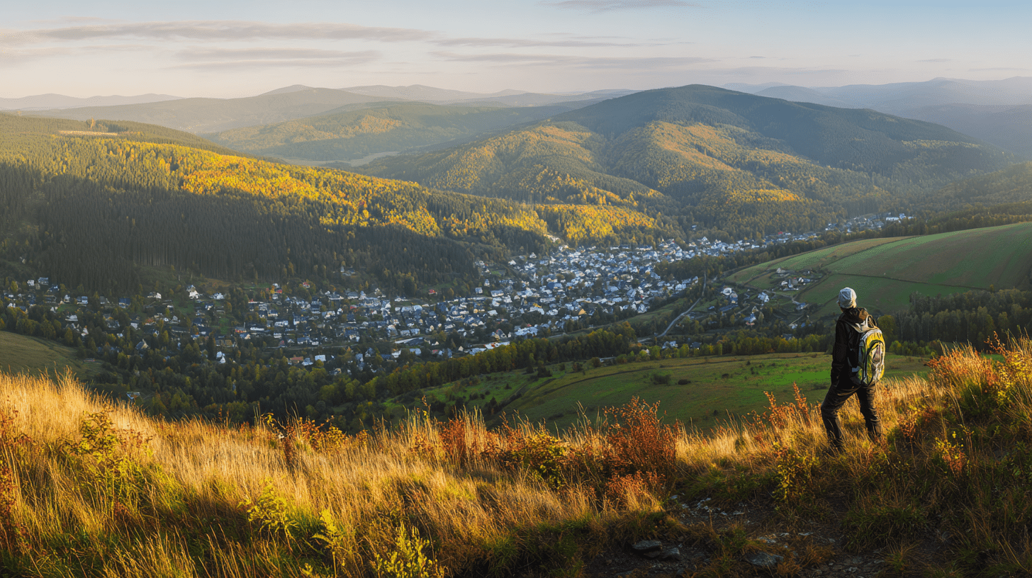 Turysta podziwiający panoramę Ustrzyk Dolnych i pasma Bieszczad o zachodzie słońca