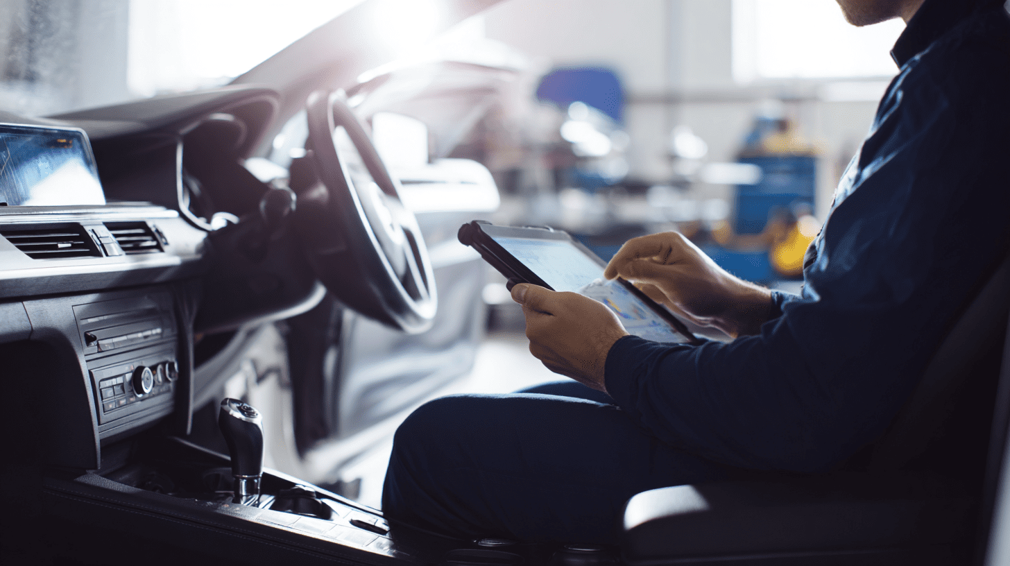 Mechanik przeprowadza diagnostykę komputerową, sprawdzając uszkodzony sterownik automatycznej skrzyni biegów i objawy awarii.