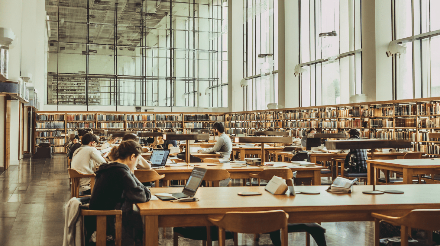 Studenci podczas nauki w nowoczesnej bibliotece na Wydziale Prawa i Administracji Uniwersytetu Warszawskiego.