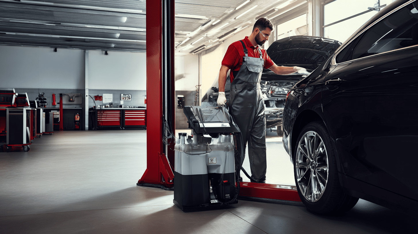 Profesjonalna wymiana oleju w skrzyni automatycznej w nowoczesnym warsztacie samochodowym, mechanik podłącza specjalistyczne urządzenie do auta na podnośniku.
