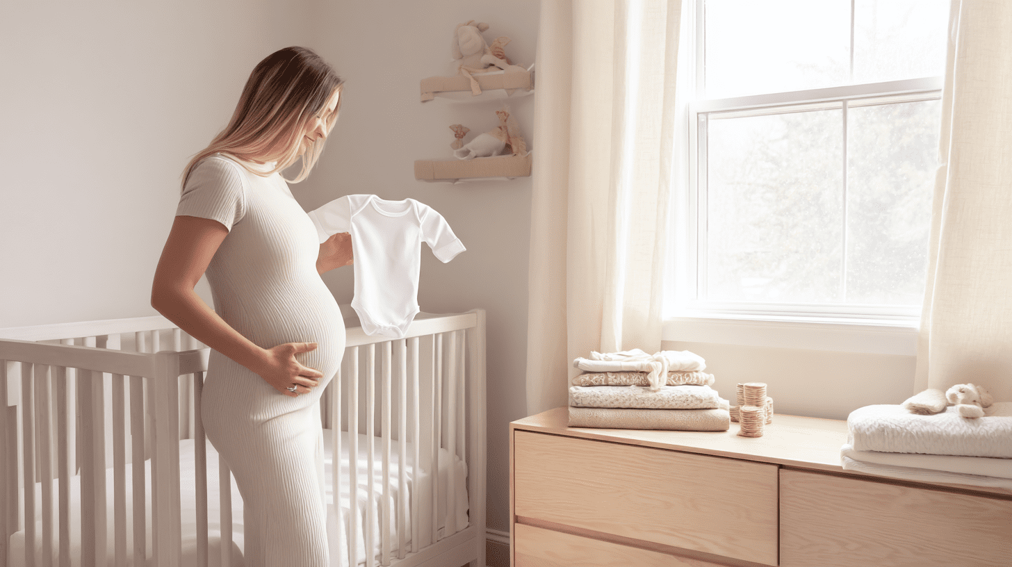 Przyszła mama w jasnym pokoiku dziecięcym kompletująca wyprawkę dla noworodka, trzymająca w rękach małe ubranko.