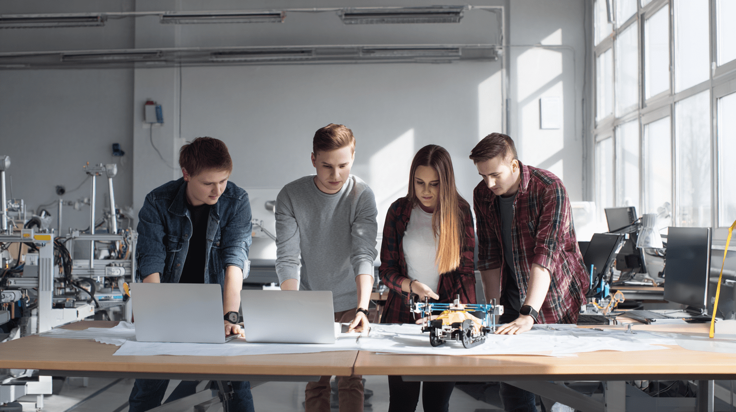 Grupa studentów realizująca projekt w nowoczesnej pracowni, co odzwierciedla praktyczny charakter nauki w wyższej szkole kształcenia zawodowego.