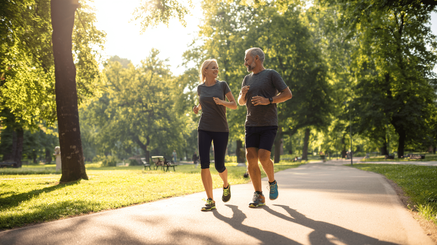 Uśmiechnięta para w średnim wieku uprawia jogging w parku, co jest kluczowym elementem zdrowego stylu życia i profilaktyki chorób.