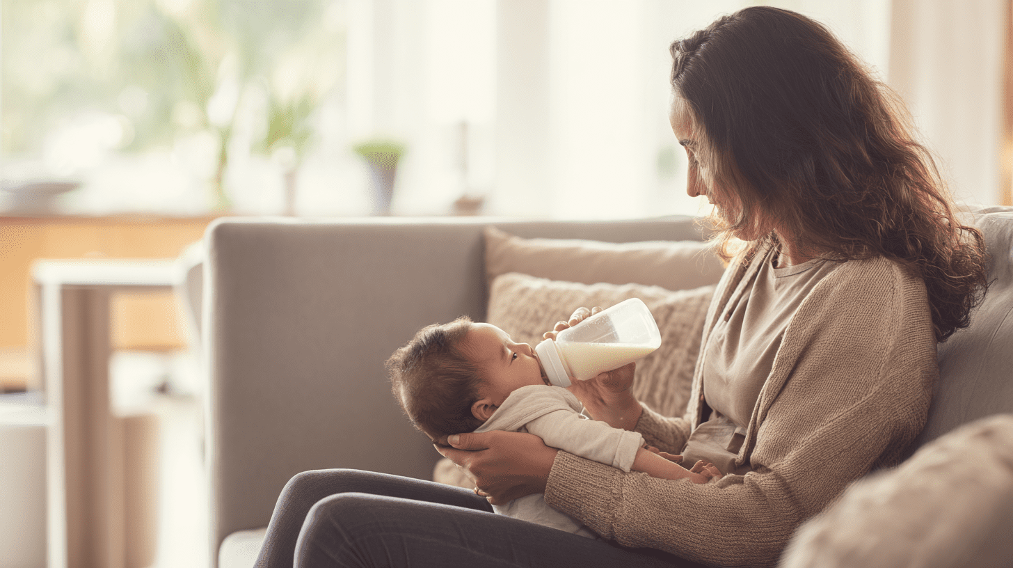 Mama karmiąca niemowlę butelką w spokojnej atmosferze, co nawiązuje do tematu jakim jest bezpieczna zmiana mleka modyfikowanego.