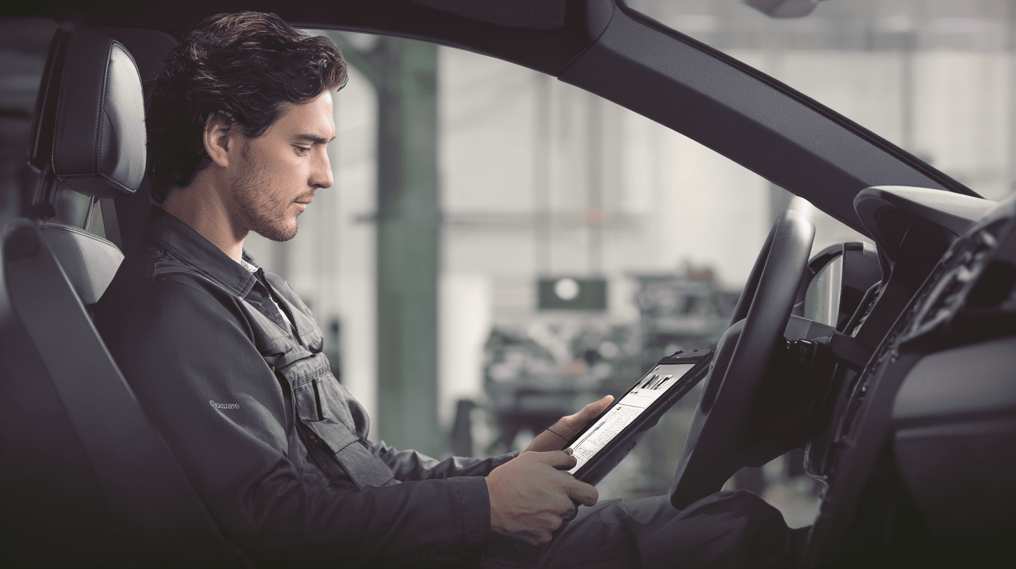 Mechanik wykonuje adaptację automatycznej skrzyni biegów za pomocą tabletu diagnostycznego wewnątrz samochodu.
