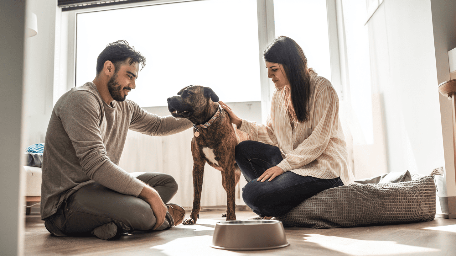 Szczęśliwi opiekunowie siedzą na podłodze w salonie i delikatnie głaszczą adoptowanego psa, budując więź po adopcji zwierząt.
