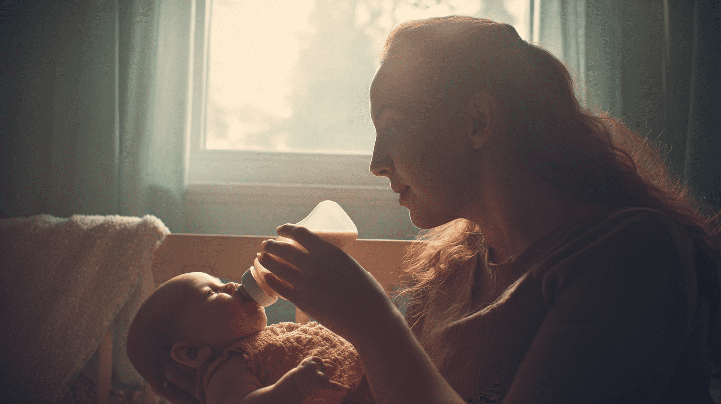 Mama karmiąca niemowlę butelką w jasnym pokoju, wykorzystująca bezpieczne akcesoria do karmienia dla dziecka.