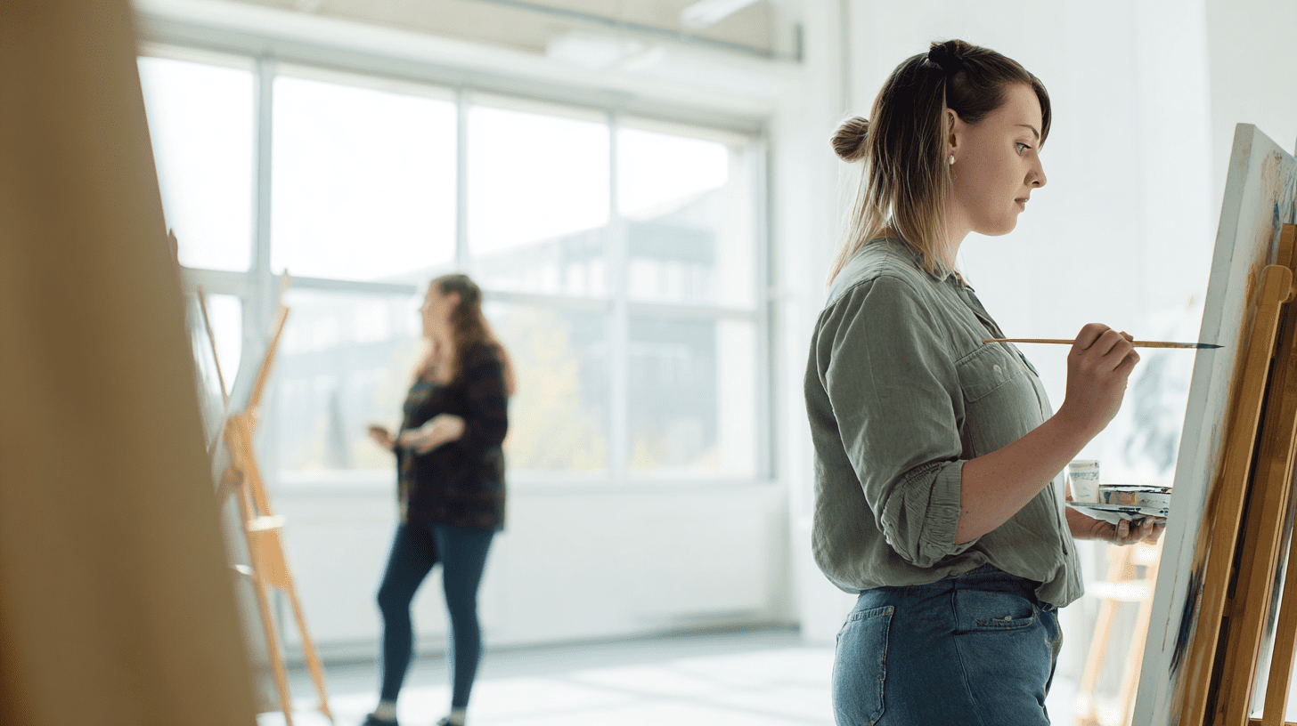 Studentka podczas warsztatów twórczych na kierunku arteterapia studia podyplomowe maluje obraz w jasnej sali wykładowej.