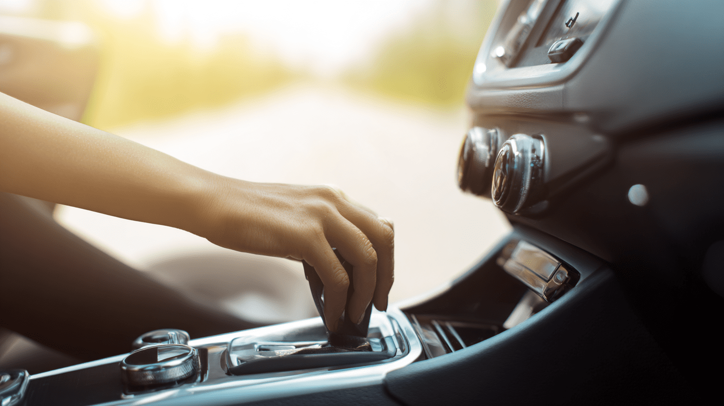 Wnętrze nowoczesnego samochodu z widoczną dźwignią automatycznej skrzyni biegów i ręką kierowcy na konsoli środkowej.