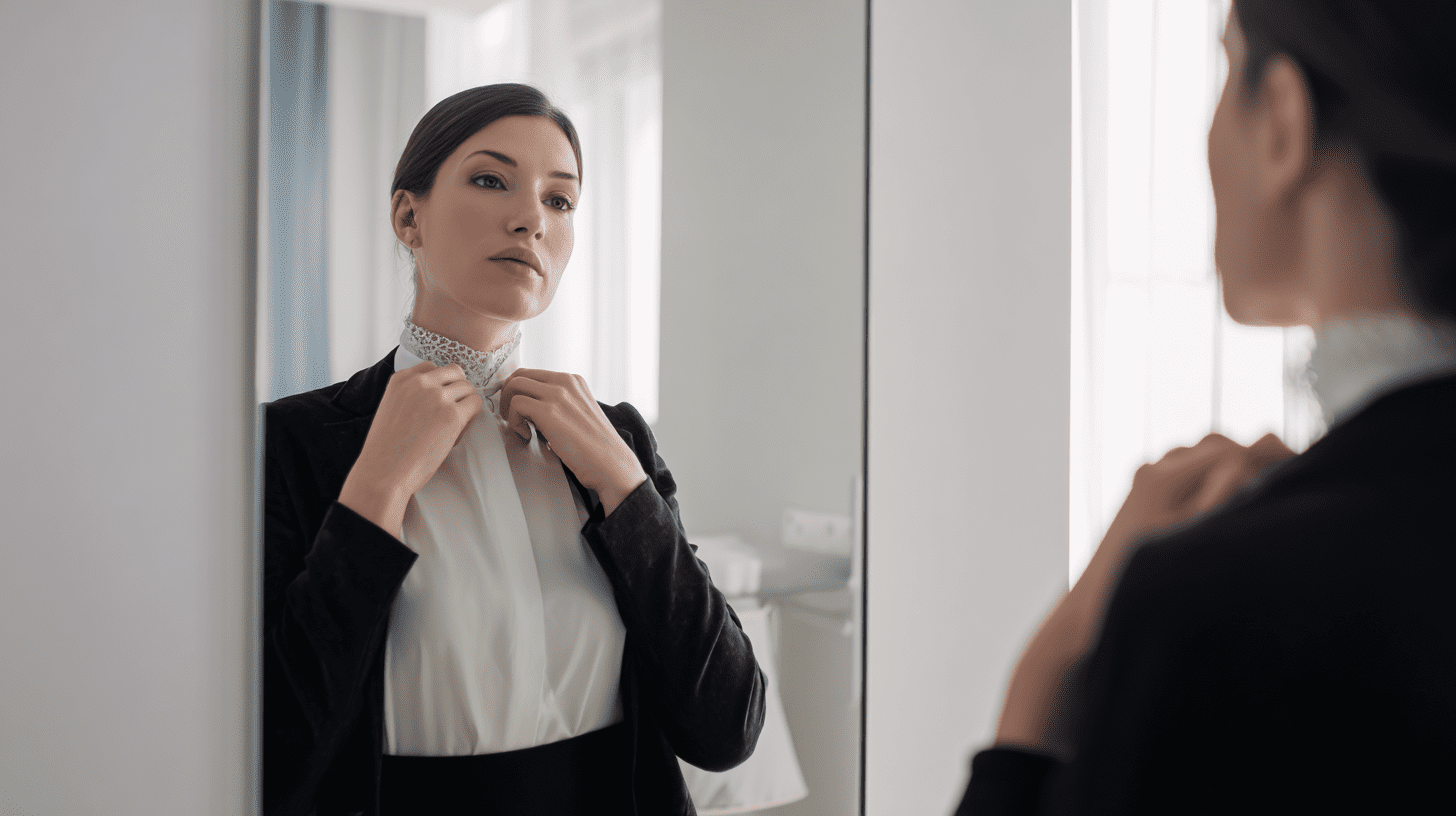 Elegancka kobieta w białej bluzce i czarnym żakiecie przygotowująca się do wyjścia na uroczystość pogrzebową.