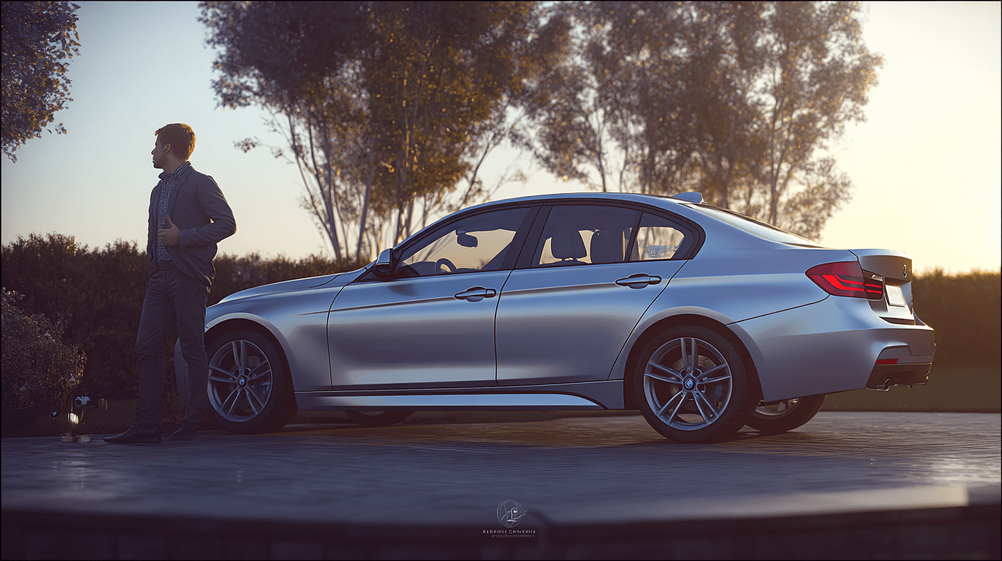 Mężczyzna oglądający srebrne BMW F30 328i, analizujący opinie i stan techniczny pojazdu przed zakupem.