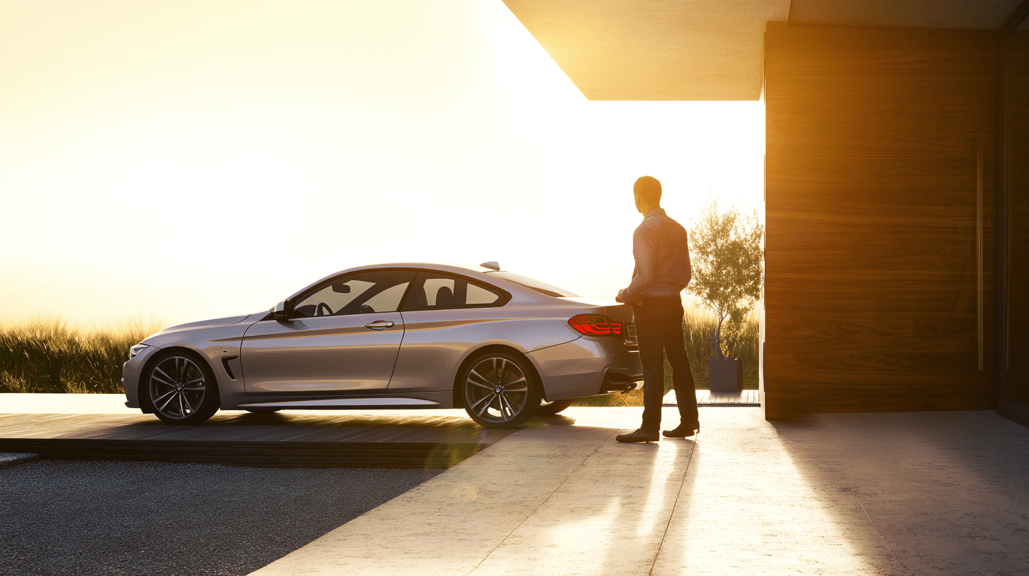 Srebrne sportowe coupe nawiązujące do BMW F30 Coupe i Serii 4 F32 zaparkowane na nowoczesnym podjeździe w popołudniowym słońcu.