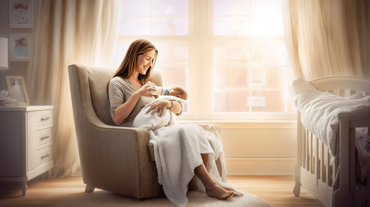 Mama karmiąca niemowlę butelką w domowym zaciszu, co ilustruje temat przygotowania mleka modyfikowanego Bobovita.