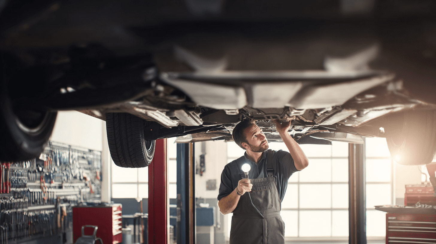 Mechanik sprawdzający wycieki pod samochodem jako diagnoza braku oleju w skrzyni biegów