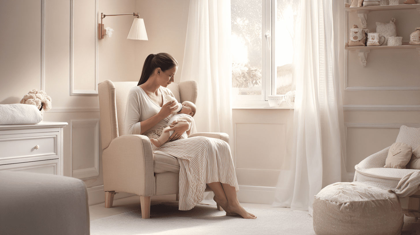 Mama karmiąca niemowlę mlekiem z butelki w przytulnym pokoju, co nawiązuje do stosowania mleka modyfikowanego Capri Care 1.